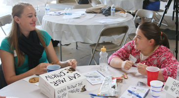 Rachel and Beth from Liberty practice pro-life apologetics during lunch