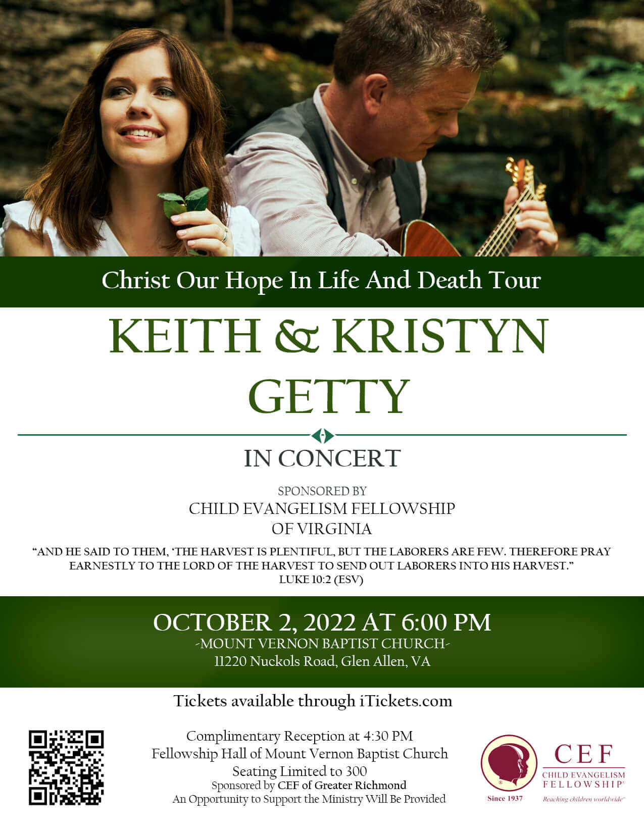 Keith and Kristyn Getty “Christ Our Hope in Life & Death Tour” Sunday, October 2nd Mt Vernon Baptist Church