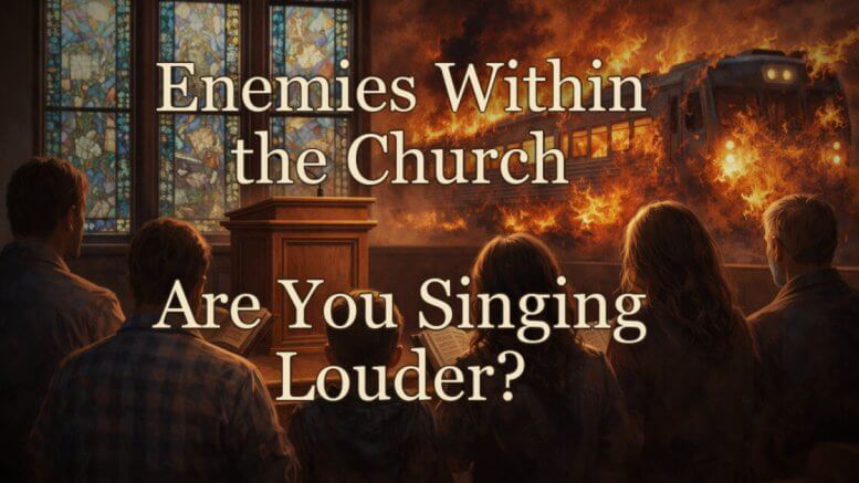 Enemies Within the Church image – empty pulpit and congregation with fiery train outside