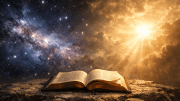 Why a scientist believes in a Creator — open Bible beneath the stars illustrating cause and effect pointing to Genesis 1:1