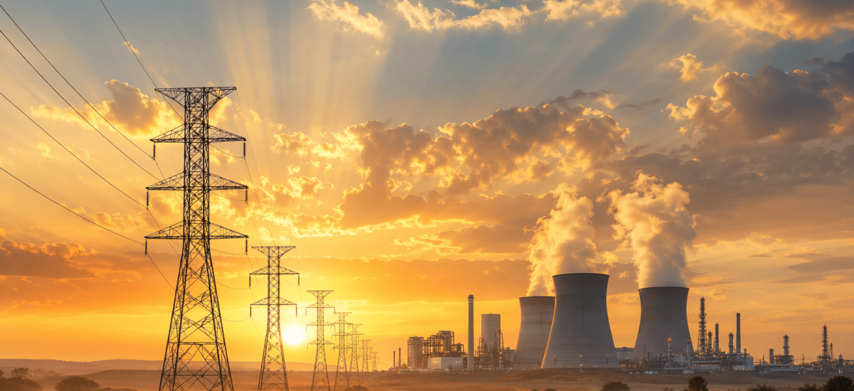 American power plant and transmission towers at sunrise, representing the end of the climate cult era and the return of energy abundance under the dominion mandate