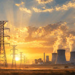 American power plant and transmission towers at sunrise, representing the end of the climate cult era and the return of energy abundance under the dominion mandate