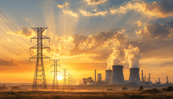American power plant and transmission towers at sunrise, representing the end of the climate cult era and the return of energy abundance under the dominion mandate