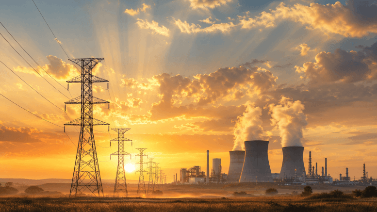 American power plant and transmission towers at sunrise, representing the end of the climate cult era and the return of energy abundance under the dominion mandate