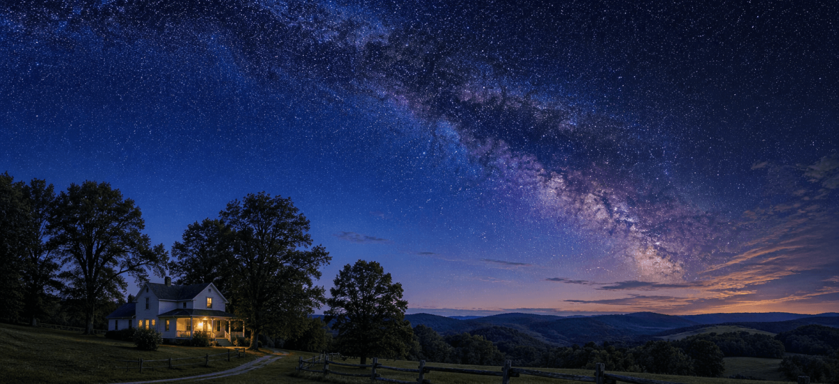 Milky Way over rural Virginia farmhouse at twilight