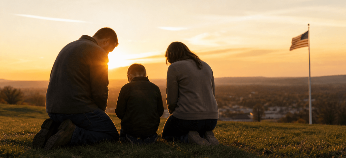 Family kneeling in prayer at sunrise overlooking an American town, symbolizing National Day of Prayer and faith across generations