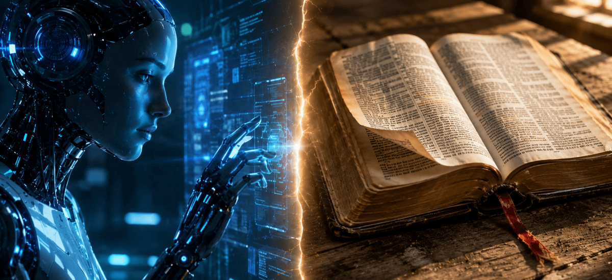 A humanoid AI machine faces an open Bible across a seam of light — the beast system of technology against the Word of God