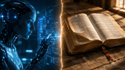 A humanoid AI machine faces an open Bible across a seam of light — the beast system of technology against the Word of God