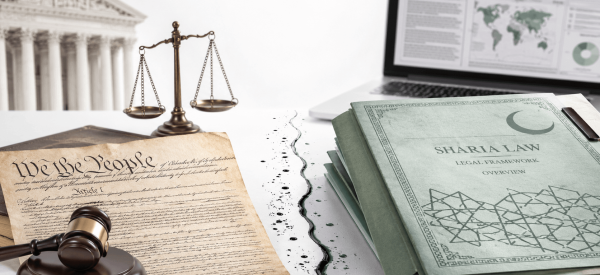 Constitutional law versus sharia law in America, shown with gavel, scales, and legal documents.