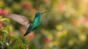 Hummingbird in flight, iridescent wings catching sunlight