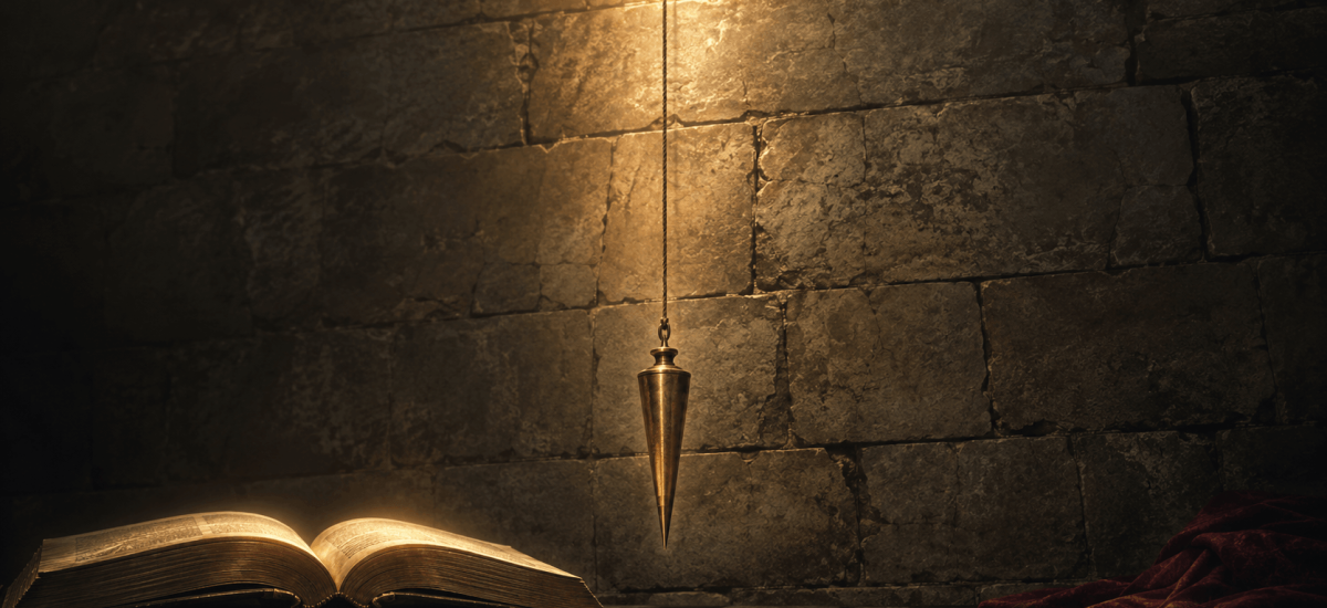 Plumb line descending from light above an old stone wall, an open Bible glowing below — God's Word as the measure of every church