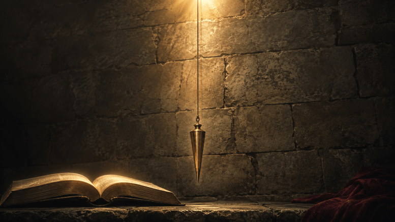 Plumb line descending from light above an old stone wall, an open Bible glowing below — God's Word as the measure of every church