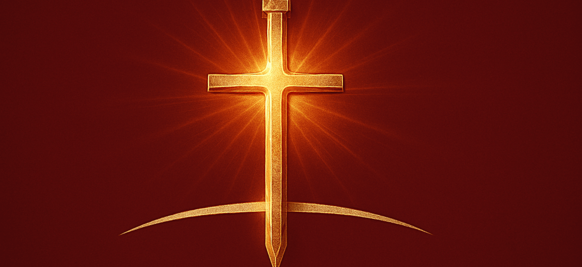 Glowing golden cross formed as an upright sword on a deep burgundy background, symbolizing the call for Christian men to stand in the gap