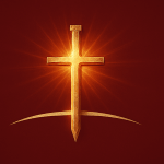 Glowing golden cross formed as an upright sword on a deep burgundy background, symbolizing the call for Christian men to stand in the gap