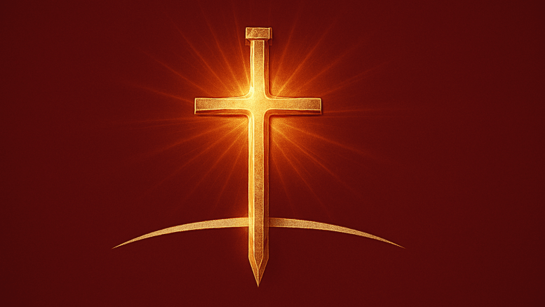 Glowing golden cross formed as an upright sword on a deep burgundy background, symbolizing the call for Christian men to stand in the gap