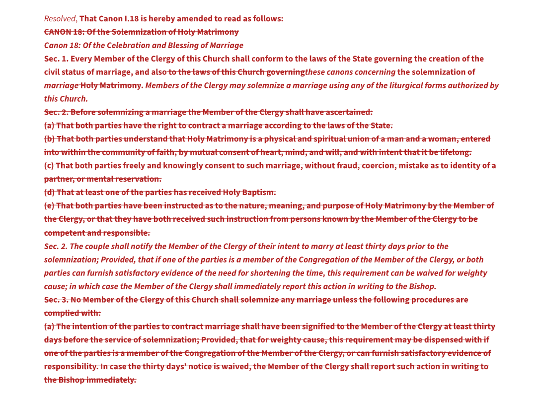Redline of the Episcopal Church's 2015 marriage canon (Resolution A036), showing the words "a man and a woman" struck through