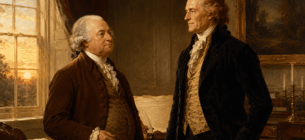 Painterly portrait of two American founders beside the Declaration of Independence, honoring America's 250th birthday