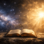 Open Bible resting on stone beneath a starfield and golden light Why a Scientist Believes in a Creator series