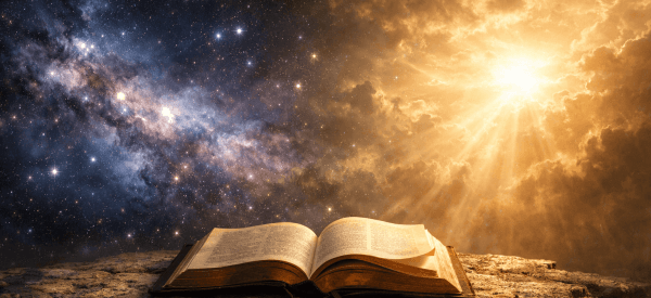 Open Bible resting on stone beneath a starfield and golden light Why a Scientist Believes in a Creator series