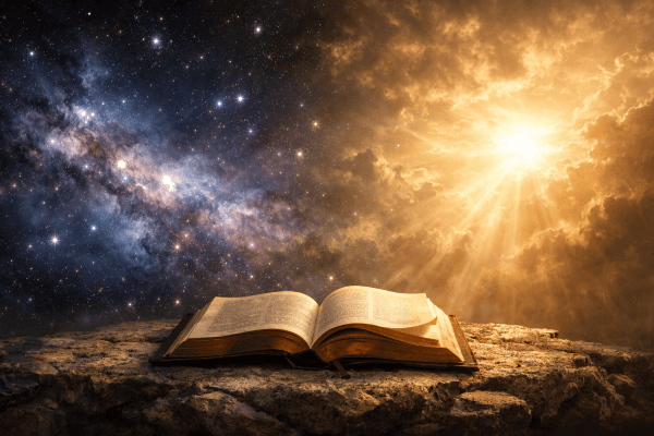 Open Bible resting on stone beneath a starfield and golden light Why a Scientist Believes in a Creator series