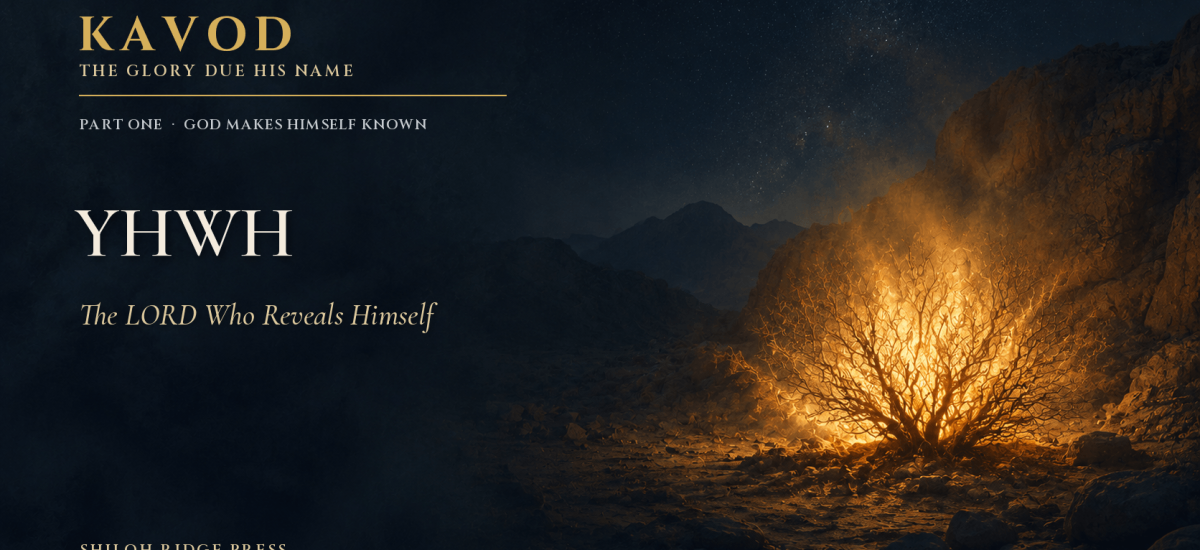 KAVOD featured image for YHWH, showing a burning bush glowing in the wilderness beneath a night sky.