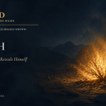 KAVOD featured image for YHWH, showing a burning bush glowing in the wilderness beneath a night sky.