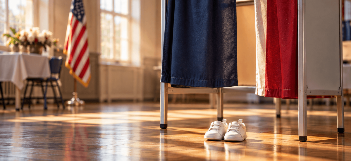 An empty voting booth with a tiny pair of baby shoes beside it. The unborn can't vote