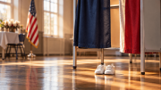 An empty voting booth with a tiny pair of baby shoes beside it. The unborn can't vote