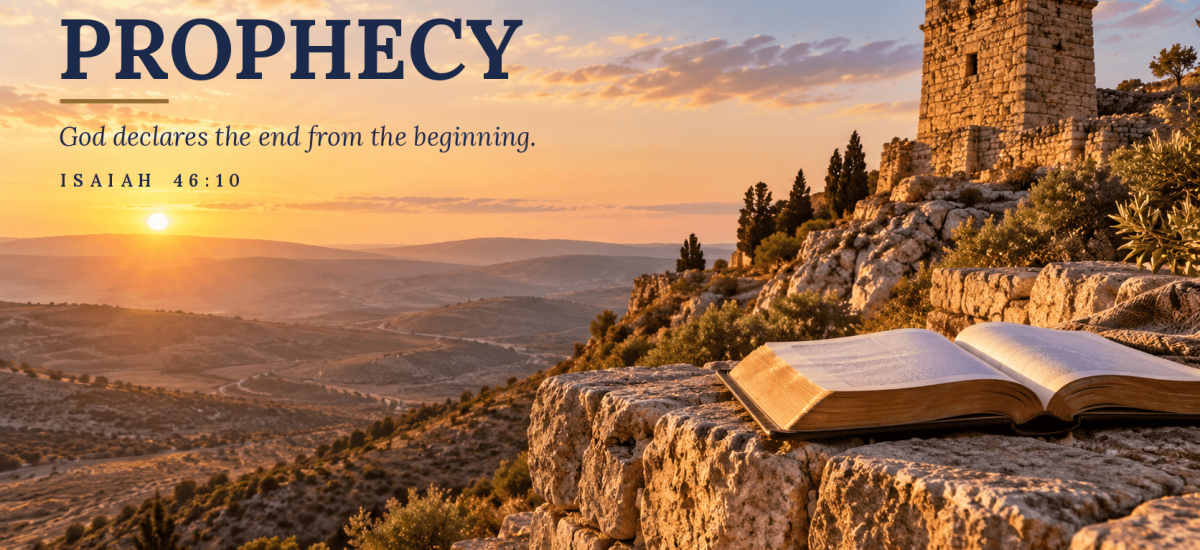 Ancient stone watchtower above the Judean hills at sunrise with an open Bible on a stone wall, the Virginia Christian Alliance Prophecy image