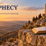 Ancient stone watchtower above the Judean hills at sunrise with an open Bible on a stone wall, the Virginia Christian Alliance Prophecy image