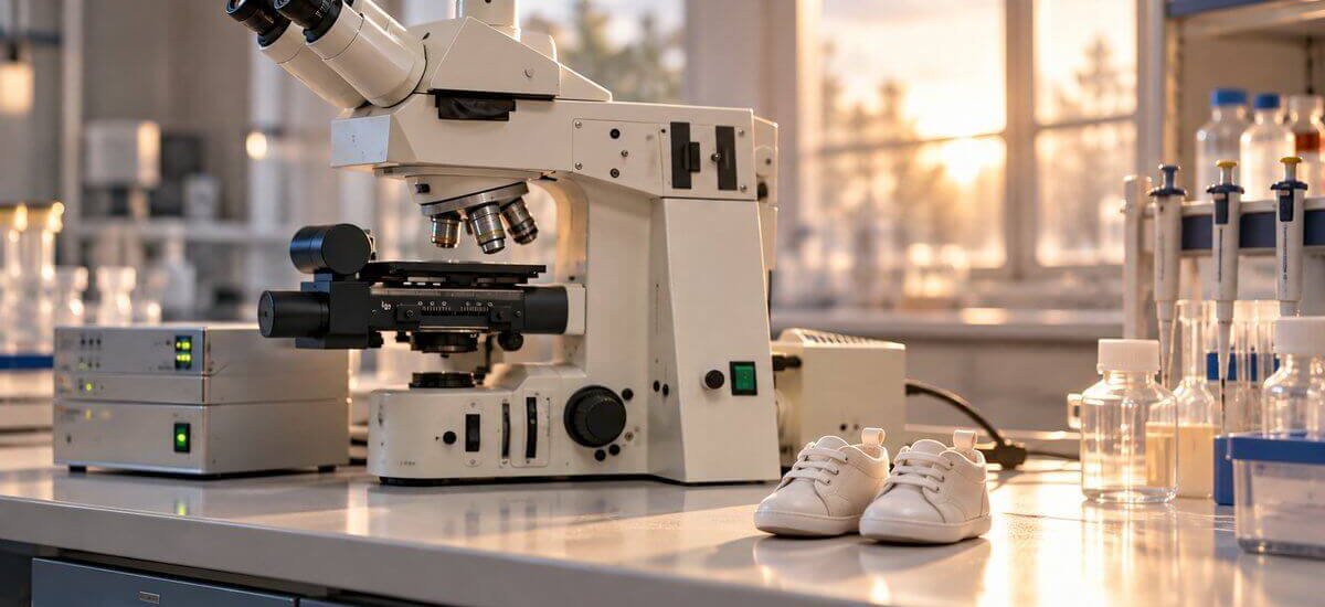 A tiny pair of baby shoes on a laboratory bench beside a research microscope.