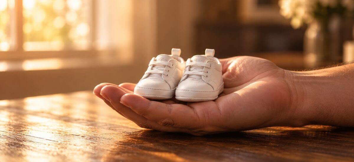 A tiny pair of baby shoes resting in an open adult hand.