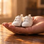 A tiny pair of baby shoes resting in an open adult hand.