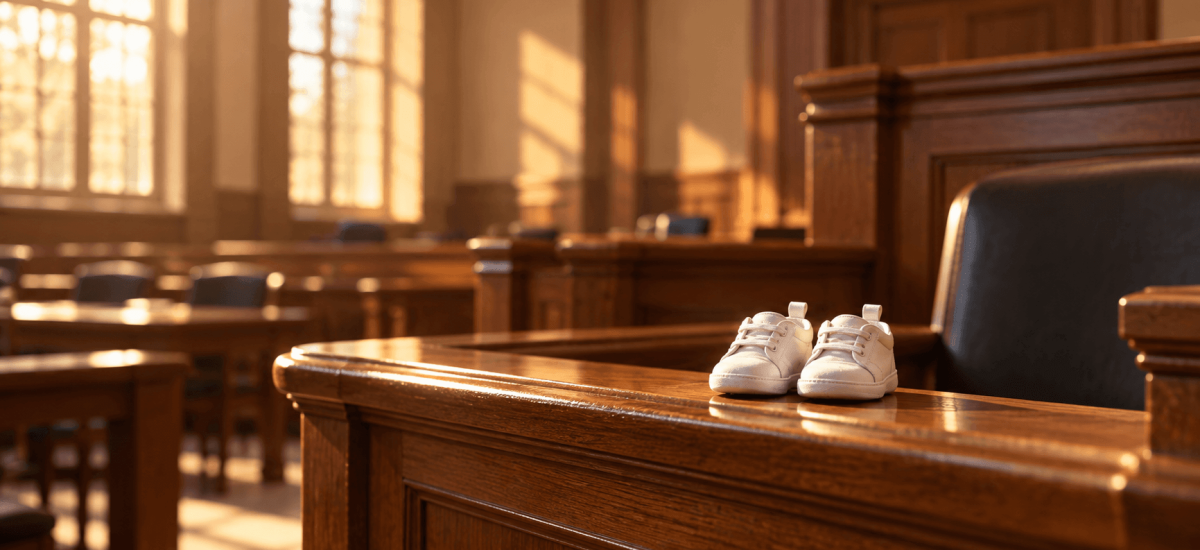 A tiny pair of baby shoes resting on the rail of an empty witness stand.