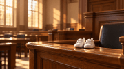 A tiny pair of baby shoes resting on the rail of an empty witness stand.