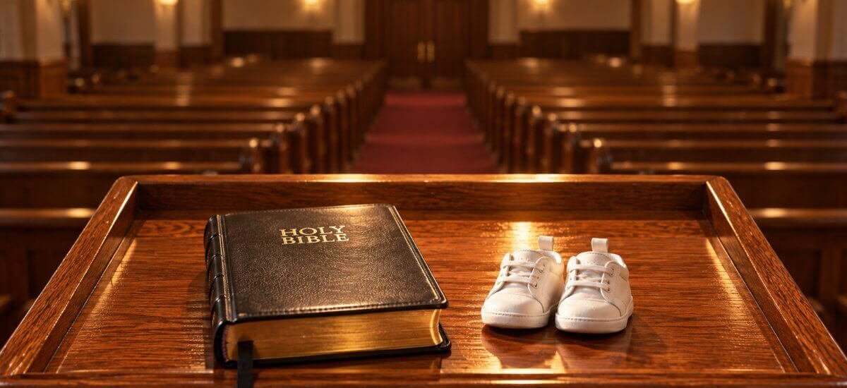 A pastor’s view from behind the pulpit: a closed Holy Bible and a pair of baby shoes on the lectern, with empty pews beyond in warm light