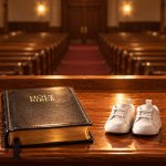 A pastor’s view from behind the pulpit: a closed Holy Bible and a pair of baby shoes on the lectern, with empty pews beyond in warm light